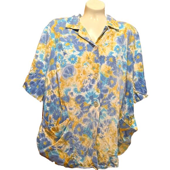 Tops - 1960s button-down floral shirt front pockets #Homemaker